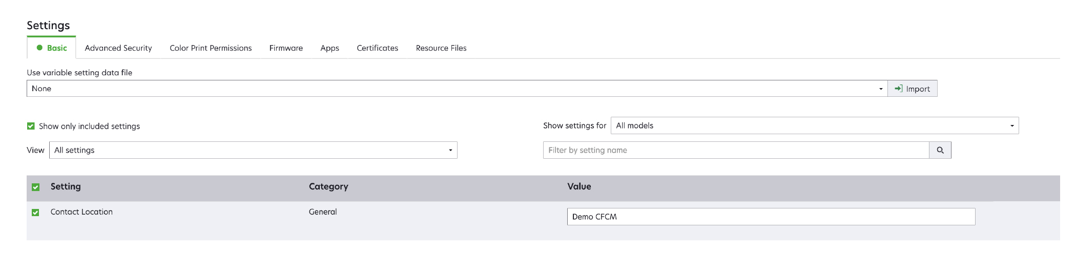 A screenshot showing the Basic settings in the Configurations page of Markvision Enterprise