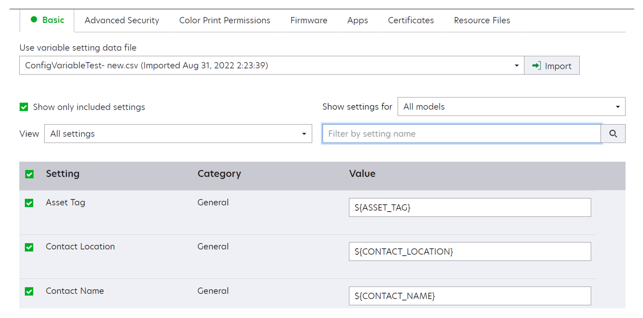 A screenshot showing the Basic settings in the Configurations page of Markvision Enterprise