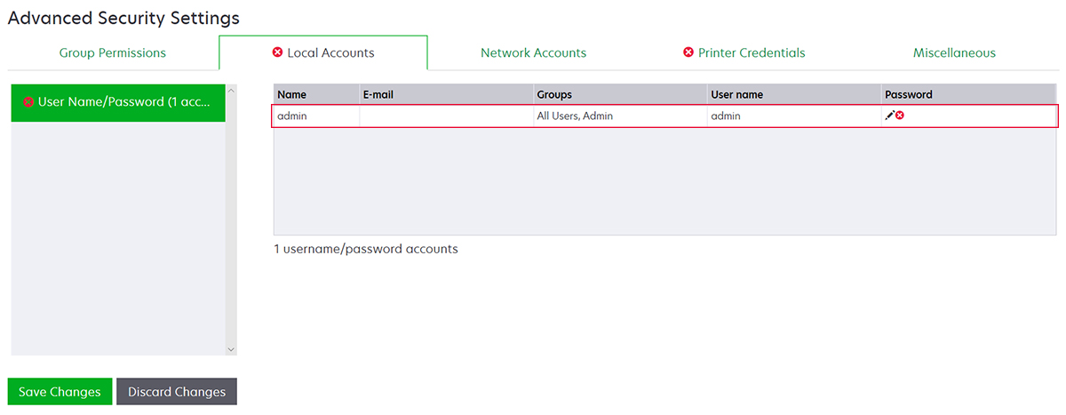 A screenshot showing the admin local account in the simple account-based authentication security component
