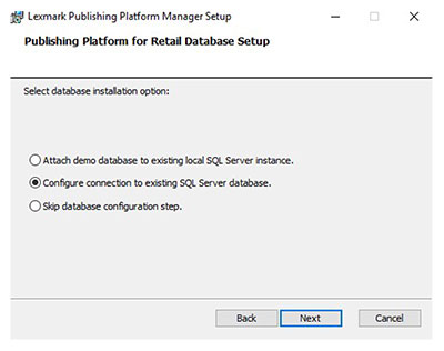 A screenshot showing the Publishing Engine Database Setup options.