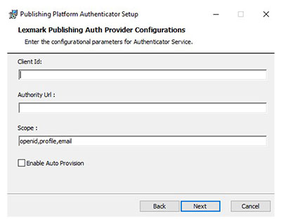 A screenshot showing the fields in the Publishing Auth Provider Configuration page.