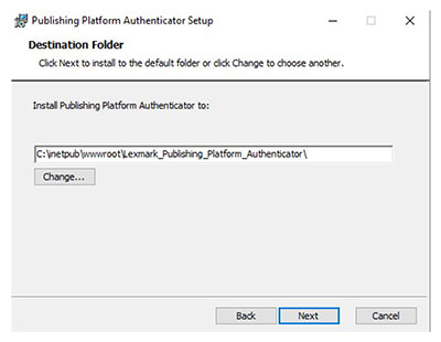 A screenshot showing how you can select the folder where the Publishing Authenticator files are stored.