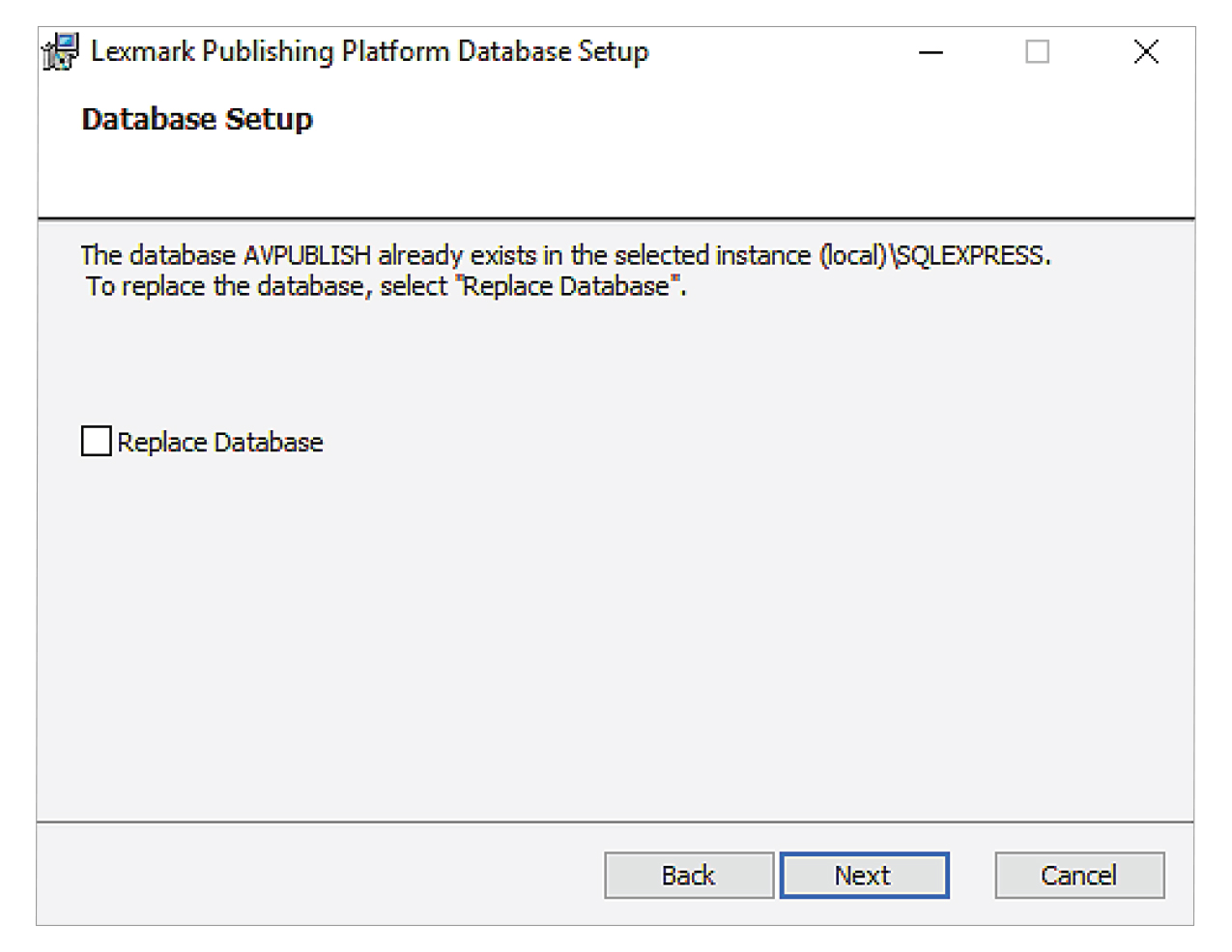 A screenshot showing the option to replace a previously installed database.