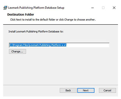 A screenshot showing how you can select the destination folder for database files.