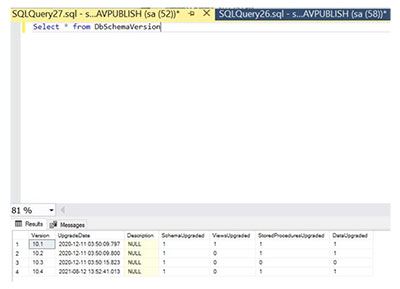 A screenshot showing how you can validate a database upgrade through Microsoft SQL Server Management Studio.