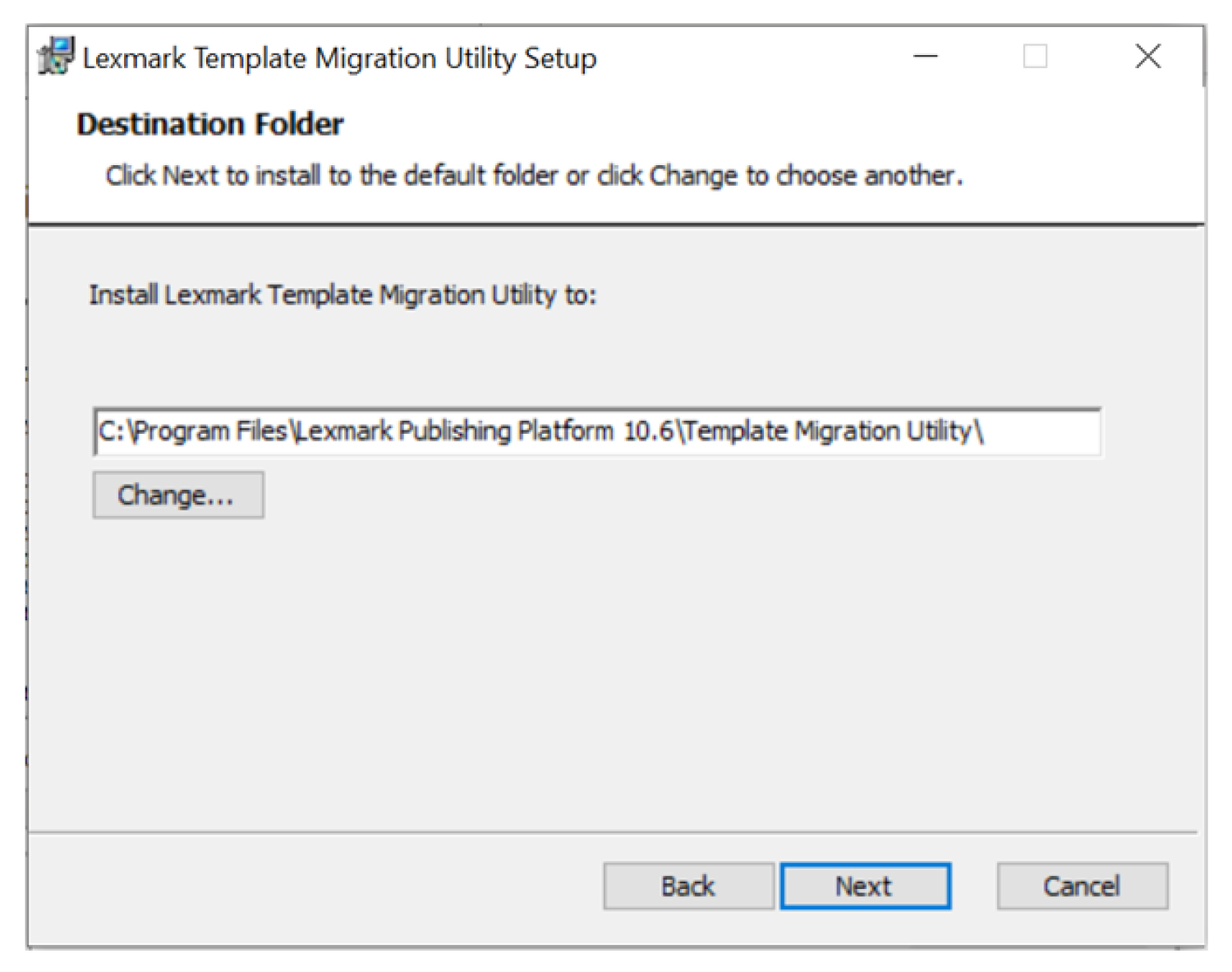 A screenshot of the Destination Folder window.