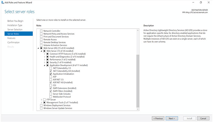 A screenshot showing the options you need to install in the server before you can deploy Digital Media Export.