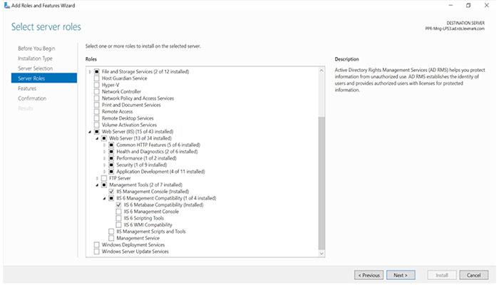 A screenshot showing the options you need to install in the server before you can deploy Digital Media Export.