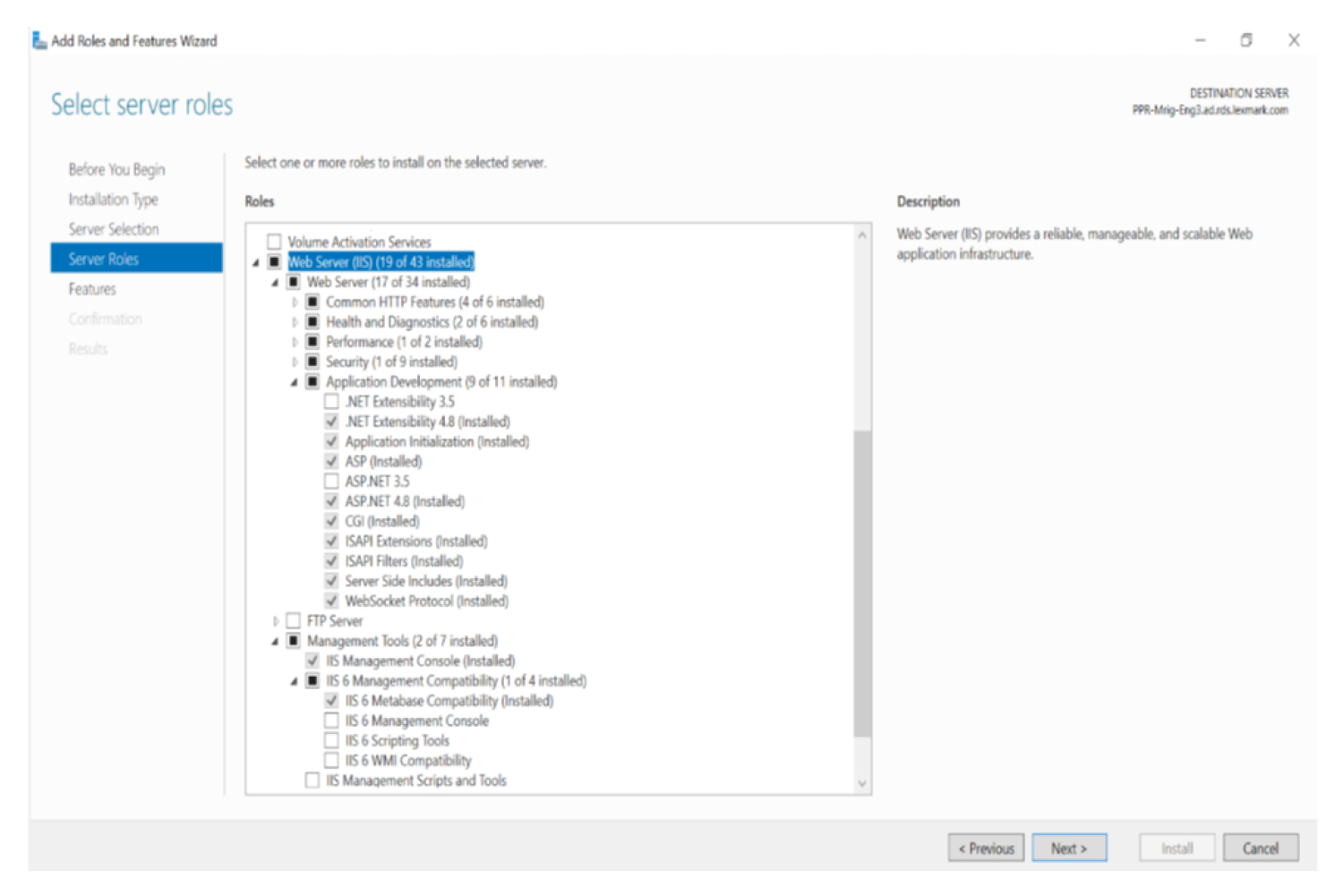 A screenshot showing one of the steps in setting up IIS.