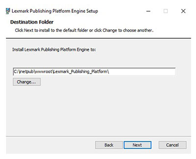 A screenshot showing the destination folder where the installation files of the engine are stored.