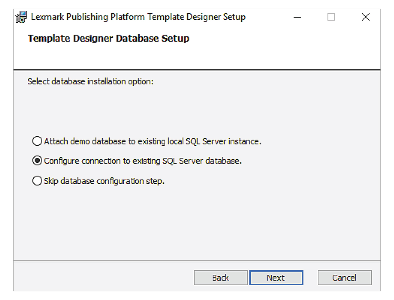 A screenshot showing the Template Designer Database Setup page.