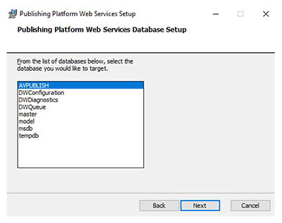 A screenshot showing the applicable database you need to select to install Publishing Platform Web Services.