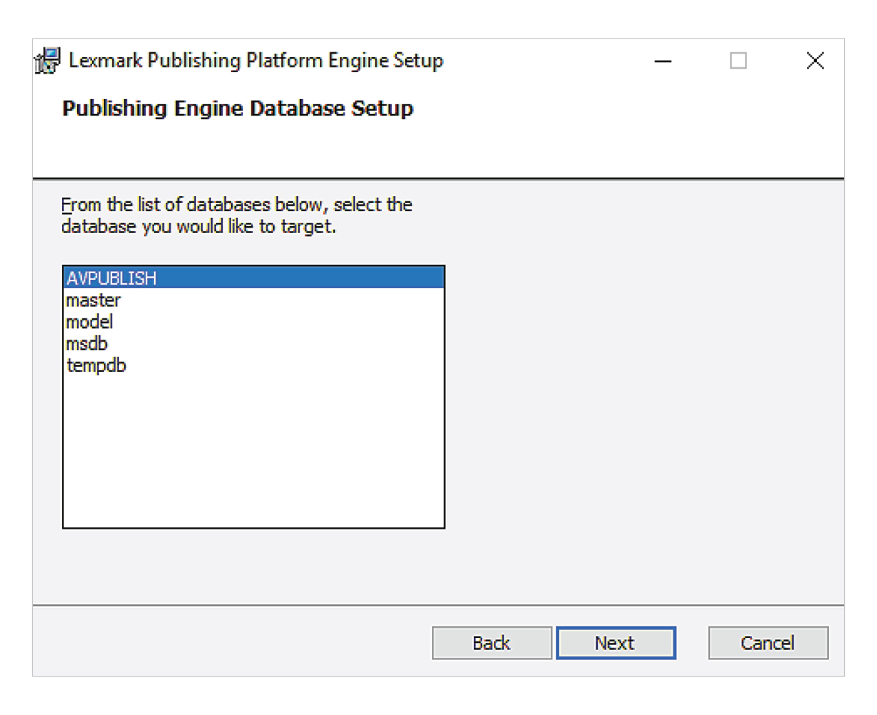 A screenshot showing how to select a database in installing the engine.