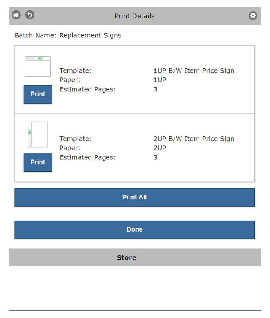 A screenshot of the Print Details page showing the signs that you can print from a batch.