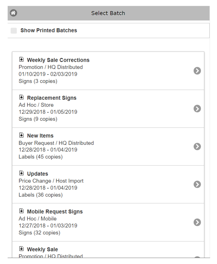 A screenshot showing the list of batches on the Select Batch page.