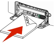 The illustration shows how to load paper in the multipurpose feeder in the long edge first orientation