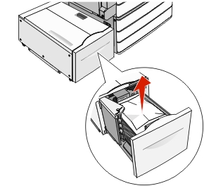 The illustration shows the jammed paper being removed inside the  HCF.