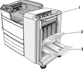 The illustration shows the finisher bins where the jammed paper can be located.