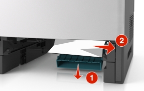 Push down the front duplex flap, then firmly grasp the jammed paper, and then gently pull the paper to the right and out of the printer.