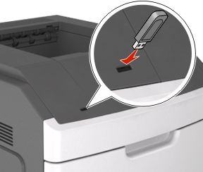 The illustration shows the flash drive being inserted in the printer usb port.