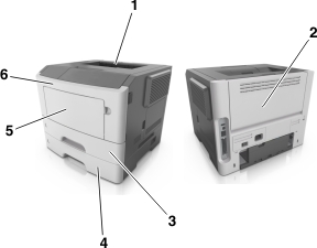shows the parts of the printer where jammed paper can be accessed