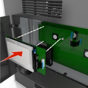 Align the standoffs of the printer hard disk to the holes in the ISP, and then press the printer hard disk down until the standoffs are in place.