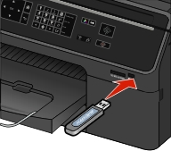 The illustration shows a flash drive being inserted into the USB and PictBridge port.