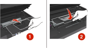 The illustration shows the jam clearance cover being reattached to the printer.