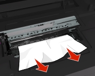 The illustration shows the jammed paper being removed from the printer.