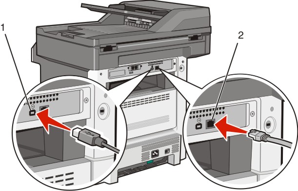 picture of back or printer shows cables and connectors