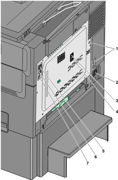 The illustration shows the cables and connectors at the back of the printer.