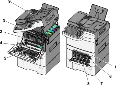 The illustration shows the possible paper jam locations in the printer.