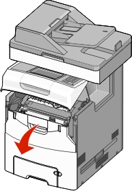 The printer shows how to open the front door.