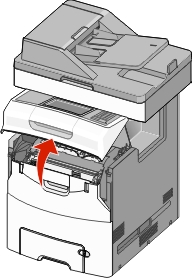 The illustration shows how to open the printer top access cover.