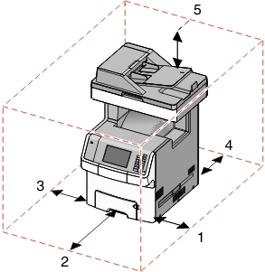 The illustration shows the printer clearances.