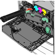 The illustration shows the installation of the new toner cartridge.