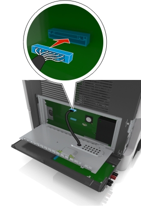 Attach the blue plug of the ISP solution interface cable into the blue receptacle on the controller board.