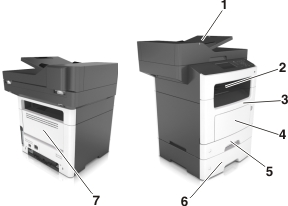 shows the parts of the printer where jammed paper can be accessed