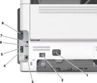 Power cord socket and printer ports found at the back of the printer