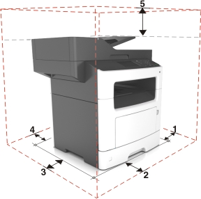 The illustration shows the printer clearances.